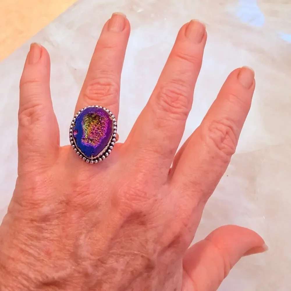 Rainbow Titanium Druzy 925 Silver Plated Ring Size 10